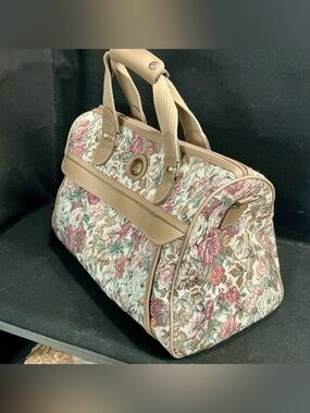 VTG 80s Jordache Floral Jacquard Tapestry Travel Bag - Pink & Taupe Carry-On